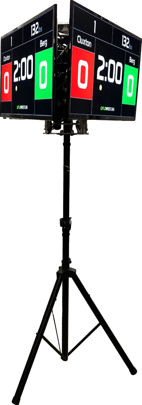 HD3 three-sided clock display: three screens angled off one truss-core tripod