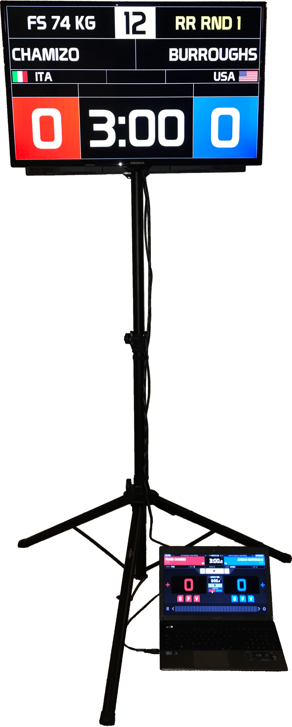 The HD3 display on its tripod with the laptop that drives it